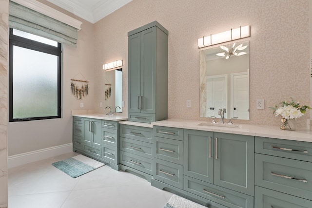 bathroom featuring ornamental molding and vanity