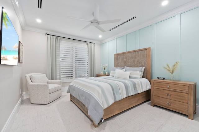 bedroom with ornamental molding and ceiling fan