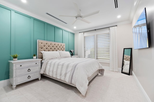 bedroom with multiple windows, ornamental molding, and ceiling fan