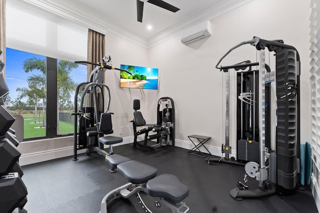 workout room featuring ceiling fan, ornamental molding, and a wall unit AC