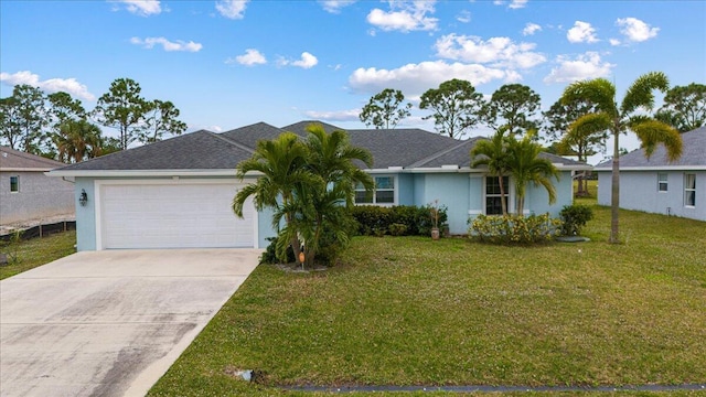 single story home featuring a front yard and a garage