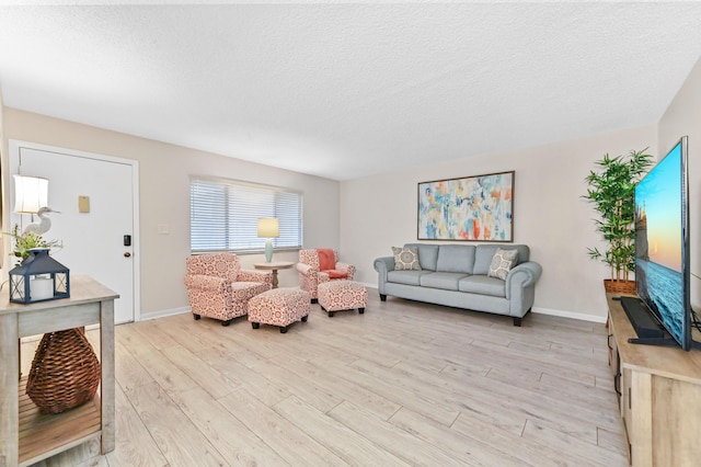 living room featuring light hardwood / wood-style floors and a textured ceiling