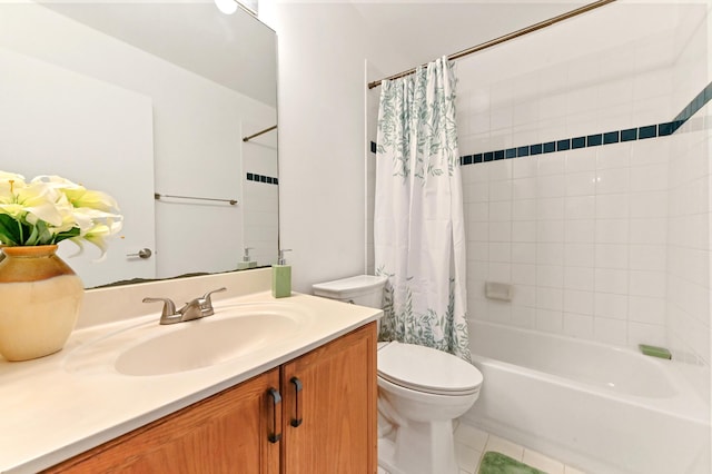 full bathroom with vanity, shower / bath combo, tile patterned floors, and toilet