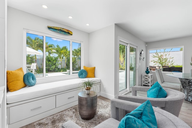 sitting room featuring a wealth of natural light and light hardwood / wood-style flooring