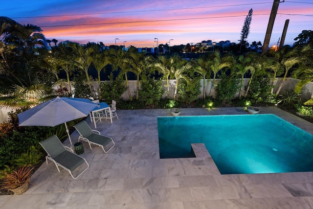 pool at dusk featuring a patio