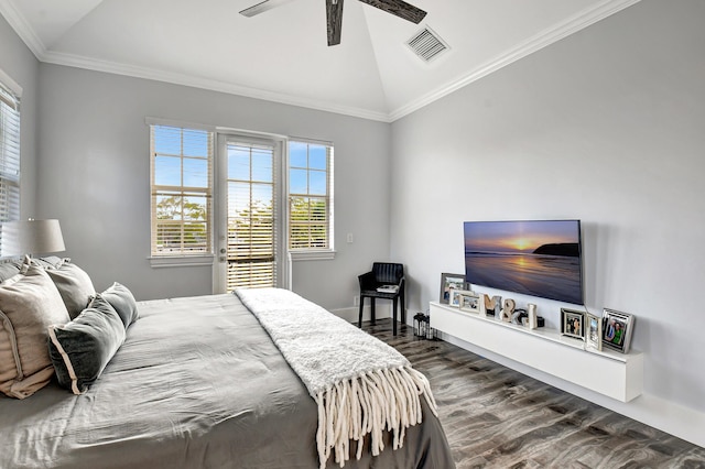 bedroom with ceiling fan, crown molding, vaulted ceiling, and multiple windows