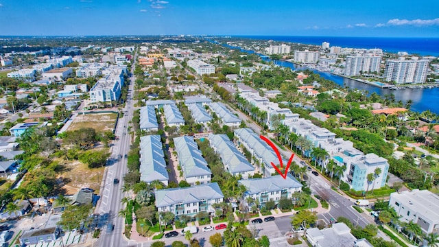 aerial view featuring a water view