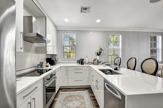 kitchen featuring kitchen peninsula, appliances with stainless steel finishes, sink, white cabinets, and wall chimney range hood