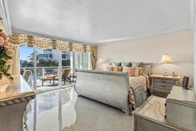 bedroom featuring crown molding and access to outside