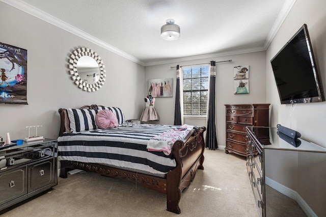 bedroom with ornamental molding, light colored carpet, and a textured ceiling