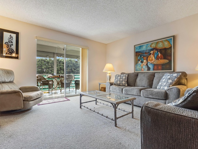 carpeted living room with a textured ceiling