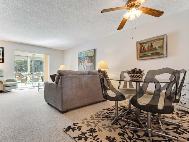 living room featuring light colored carpet and a textured ceiling