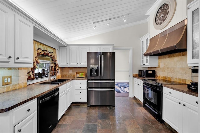 kitchen featuring black appliances, exhaust hood, tasteful backsplash, white cabinets, and sink