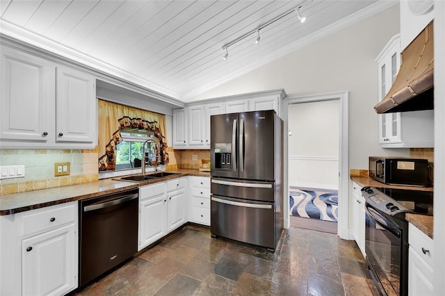 kitchen with sink, black appliances, white cabinetry, and vaulted ceiling