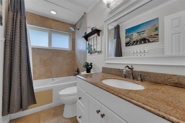 full bathroom featuring toilet, shower / tub combo with curtain, ornamental molding, tile patterned floors, and vanity