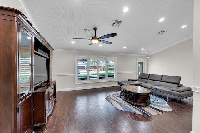 living room featuring ceiling fan, crown molding, dark wood-type flooring, and wooden ceiling