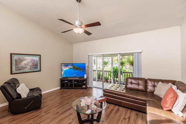 living room featuring ceiling fan, high vaulted ceiling, and light hardwood / wood-style flooring