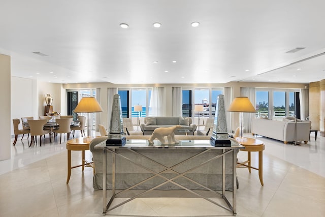 living room with light tile patterned floors