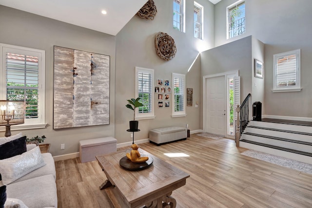 living room featuring a high ceiling, a healthy amount of sunlight, and light hardwood / wood-style floors