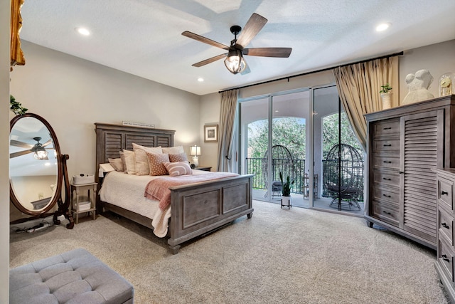 bedroom with ceiling fan, a textured ceiling, light carpet, and access to outside