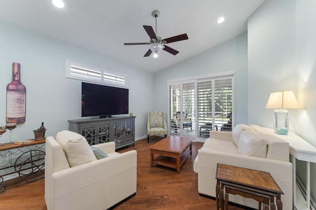 living room featuring ceiling fan, dark hardwood / wood-style floors, and lofted ceiling