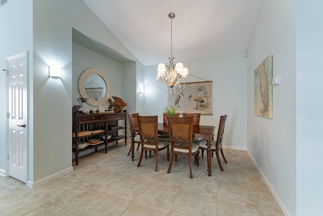 dining area featuring vaulted ceiling, an inviting chandelier, and light tile patterned floors