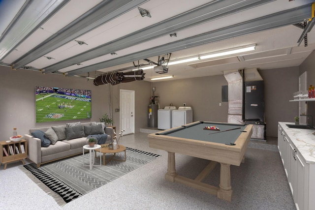 game room featuring washer and clothes dryer, billiards, and water heater