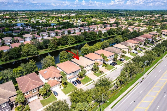 bird's eye view with a water view