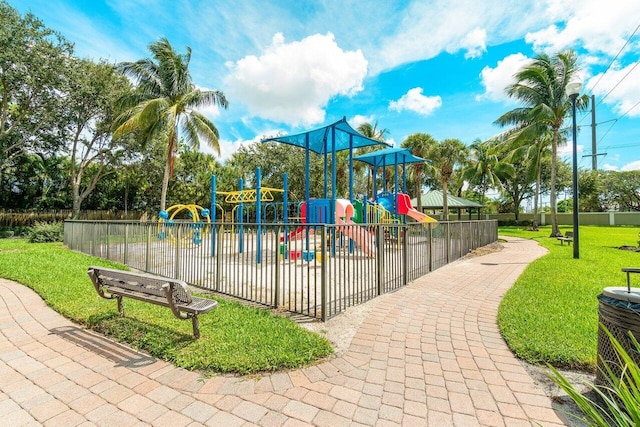 view of jungle gym with a yard