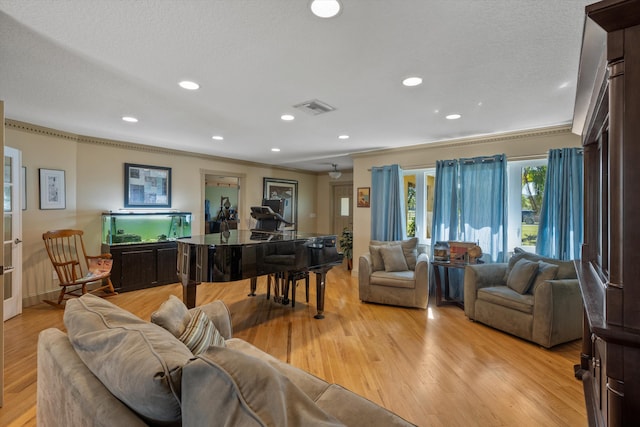 living room with light hardwood / wood-style flooring, ornamental molding, and a textured ceiling