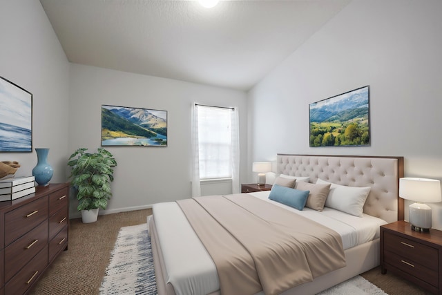 carpeted bedroom featuring vaulted ceiling