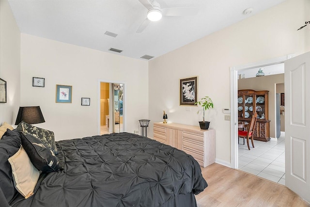 bedroom featuring ceiling fan and light hardwood / wood-style flooring