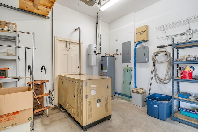 utility room with electric panel and water heater