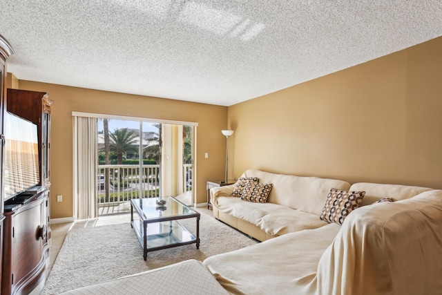 carpeted living room featuring a textured ceiling