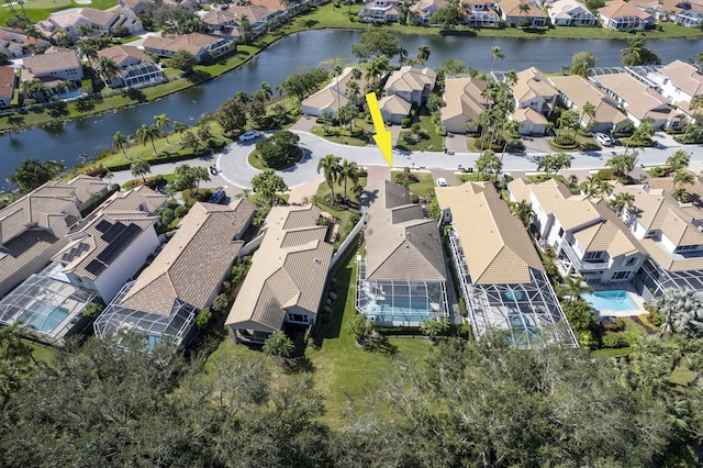 drone / aerial view with a water view