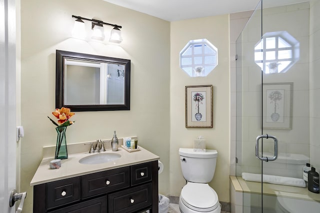 bathroom featuring an enclosed shower, vanity, and toilet