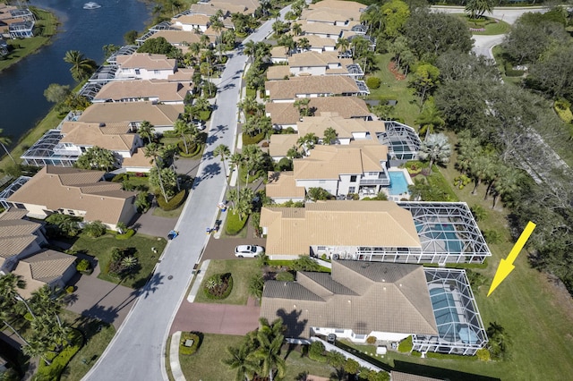 drone / aerial view featuring a water view