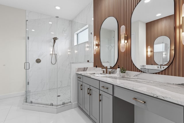 bathroom with vanity and walk in shower