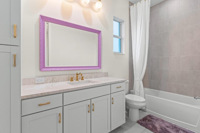 full bathroom with vanity, shower / bathtub combination with curtain, and toilet