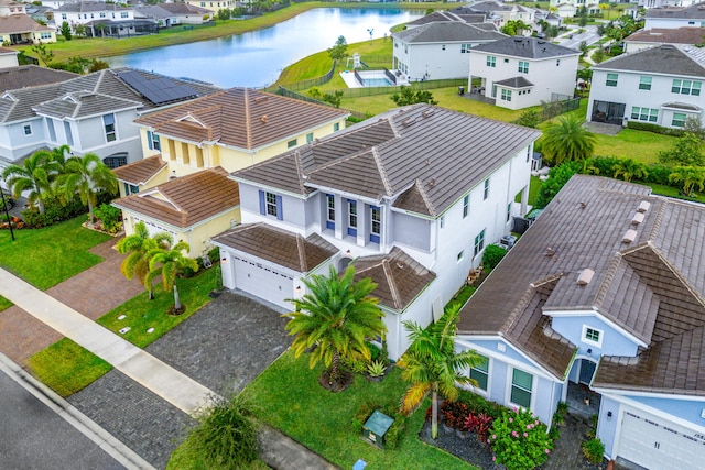 aerial view featuring a water view