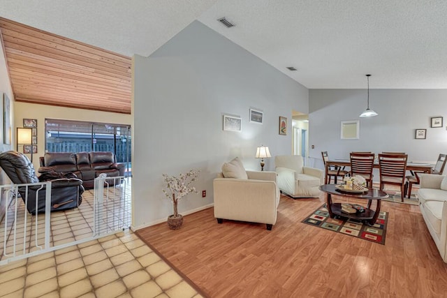 living room with vaulted ceiling, a textured ceiling, and light hardwood / wood-style floors