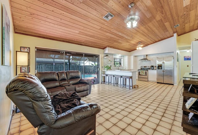 living room with vaulted ceiling, sink, and wooden ceiling