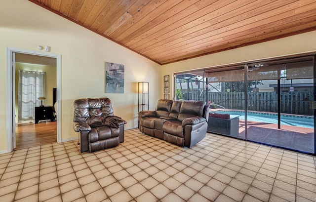 living room featuring high vaulted ceiling and wooden ceiling