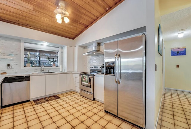 kitchen with appliances with stainless steel finishes, white cabinetry, sink, decorative backsplash, and wall chimney range hood