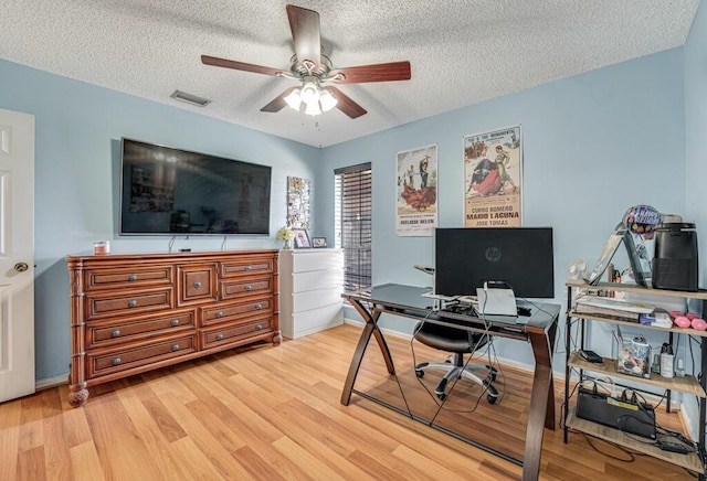 office with ceiling fan, hardwood / wood-style flooring, and a textured ceiling