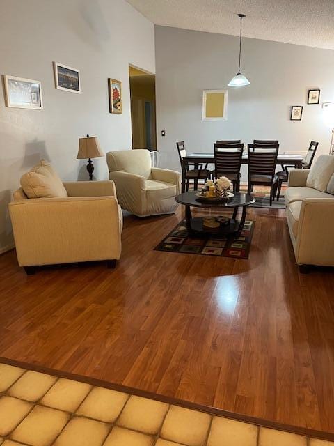 living room with dark hardwood / wood-style flooring and a textured ceiling