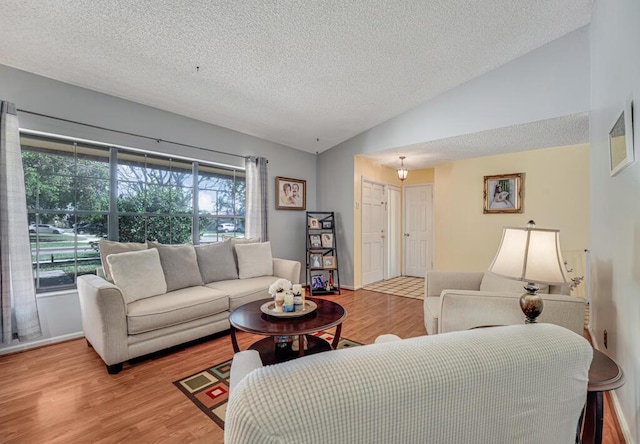 living room with lofted ceiling, a textured ceiling, and light wood-type flooring