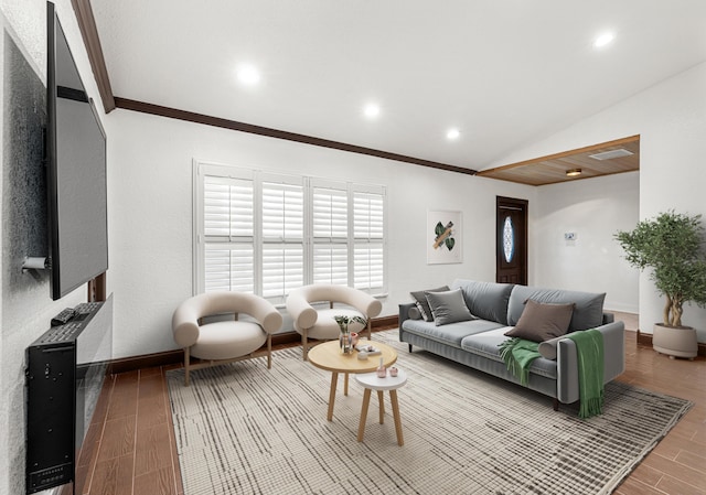 living room featuring vaulted ceiling