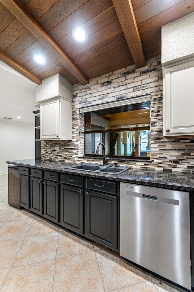 kitchen with sink, white cabinetry, dishwasher, dark stone counters, and backsplash