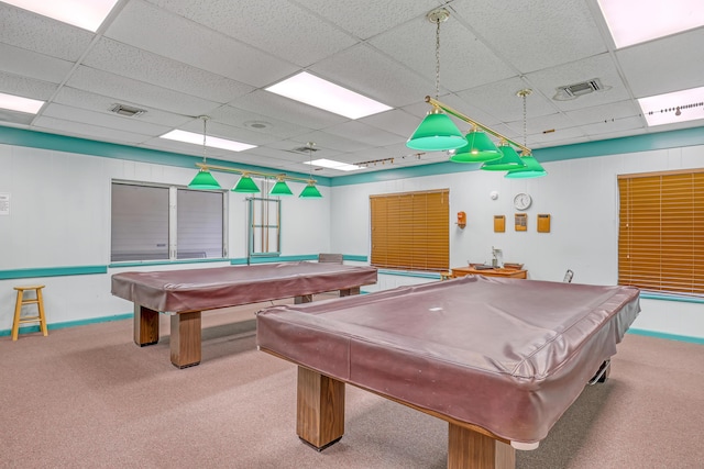 rec room with pool table, a paneled ceiling, and carpet